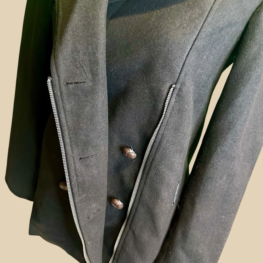 NWT Members Only Fur Collar Black Wool-Blend Double-Breasted Pea Coat Sz Small